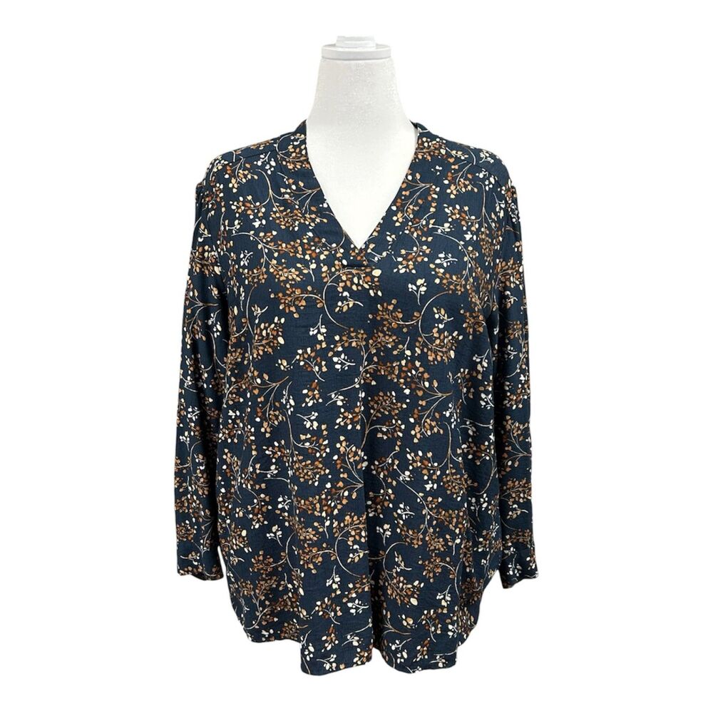 J. Jill Wearever V Neck Long Sleeve Printed Boho Blouse Sz XL Blue